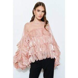 Shimmer Organza Scallop Ruffle Layered Blouse: MAUVE - LARGE